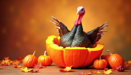 Comical Turkey Emerging from Pumpkin A Vibrant, Luxurious Thanksgiving Studio Photo with Copyspace