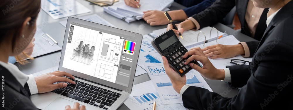 Poster business intelligence and data analysis concept. analyst team working on financial data analysis das