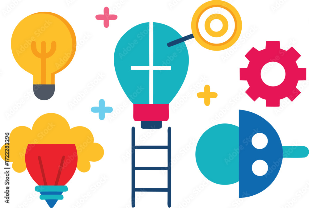Poster vector set of innovation and idea icons including lightbulb rocket gears and ladder scalable eps iso