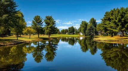 Fototapeta premium Serene Landscape Reflection of Green Trees and Blue Sky in Calm Water at a Peaceful Park Setting