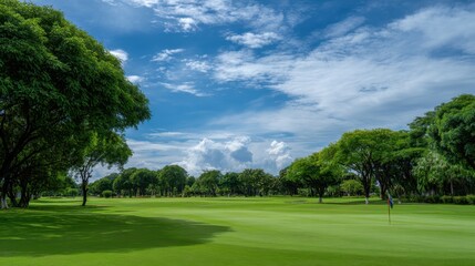 Fototapeta premium Serene Golf Course Landscape Under Blue Sky with Fluffy Clouds and Lush Greenery Surrounding the Fairway