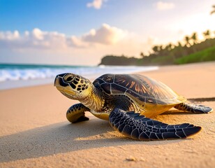 Sea turtle on a beach at sunrise