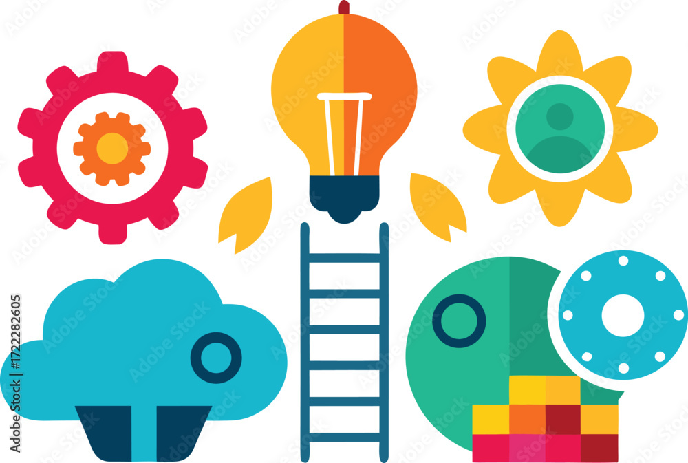Poster vector icons set idea light bulb rocket gears ladder cloud puzzle scalable eps illustration isolated