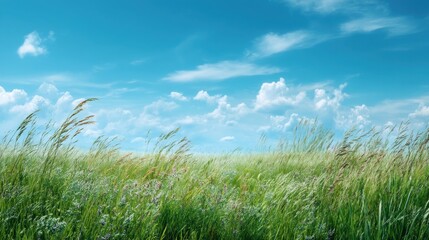 Obraz premium Lush Green Meadow under Bright Blue Sky with Fluffy Clouds and Gentle Breeze