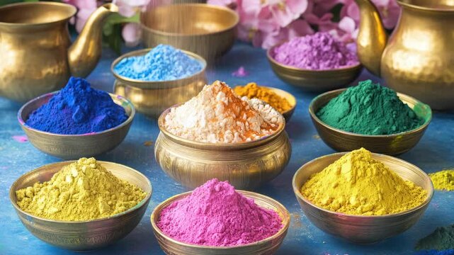 A variety of colorful powders are in bowls on a blue surface. The bowls are arranged in a row, with some bowls closer to the front and others further back