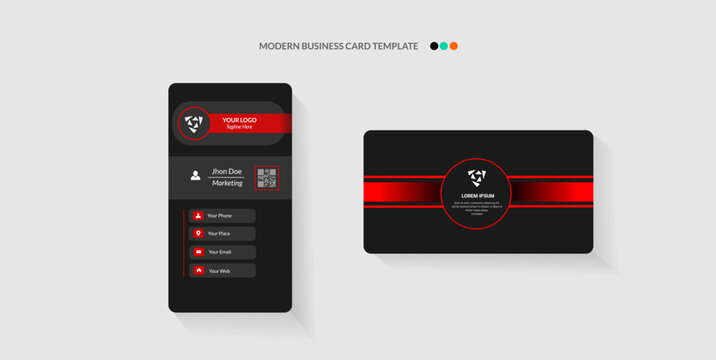 Modern business card template design, showing front and back views. Black background with red accents.