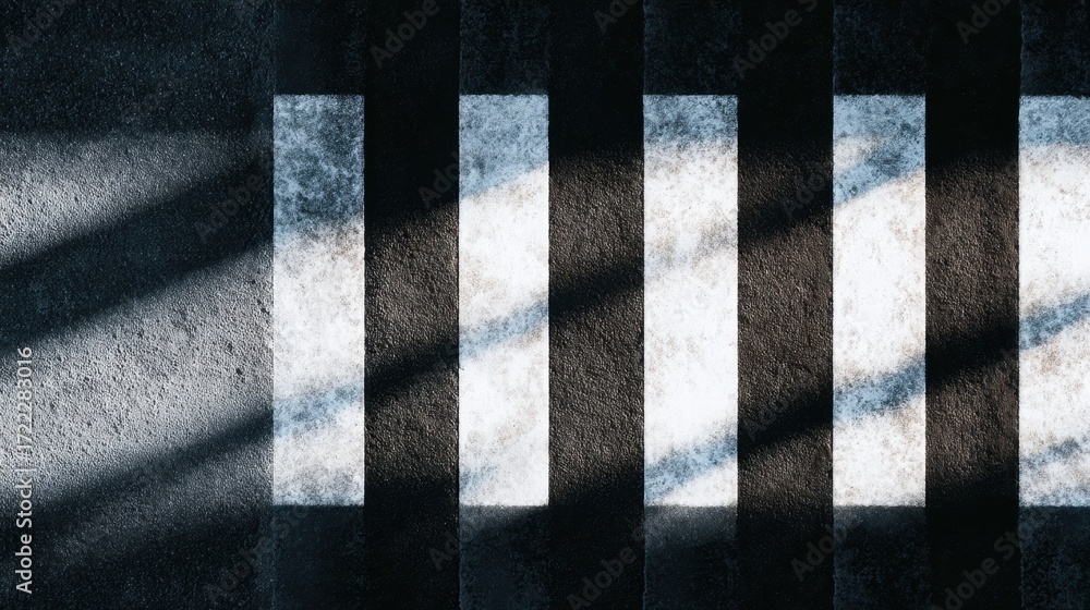 Poster abstract view of pedestrian crossing with striking light and shadow contrast on dark surface