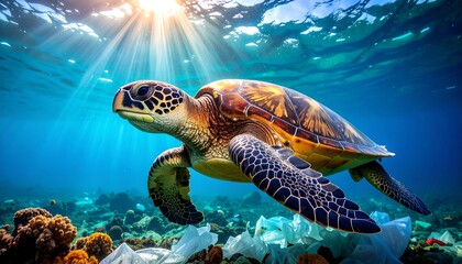 Sea turtle swimming amidst plastic pollution