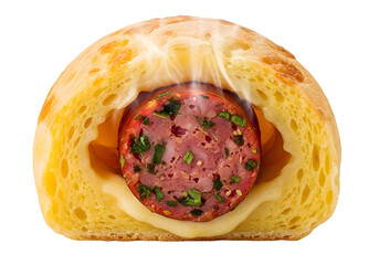 cheese bread (pão de queijo)  stuffed with homemade sausage isolated background