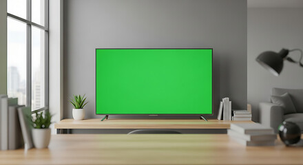 Modern Living Room with Green Screen TV Mockup