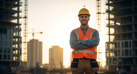 Confident Construction Worker at Sunset