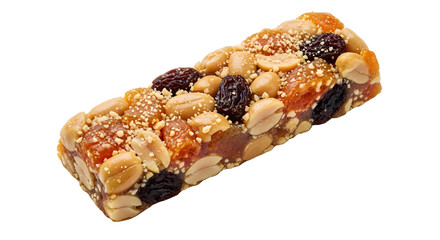 Healthy energy bar with nuts, dried fruit and seeds isolated on transparent background