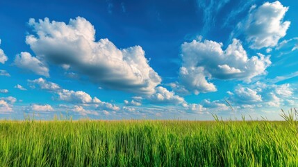 Fototapeta premium Vibrant Green Grass Field Under Bright Blue Sky with Fluffy White Clouds in Daylight