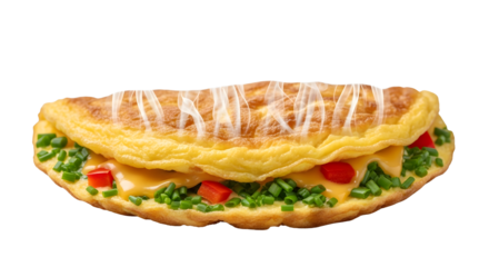 Delicious omelette with cheese, chives, and red pepper isolated on transparent background