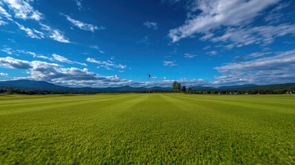 Fototapeta premium Expansive Golf Course Landscape Under Blue Sky with Puffy Clouds and Lush Green Grass in Scenic Mountain Region