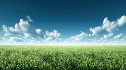 Obraz premium Lush Green Grass Field Under Bright Blue Sky with Fluffy White Clouds Spreading Across the Horizon