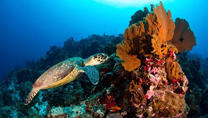 Sea turtle swimming near vibrant coral reef