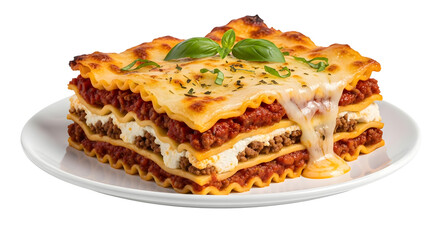 Slice of lasagna with melted cheese and basil on a plate isolated on transparent background