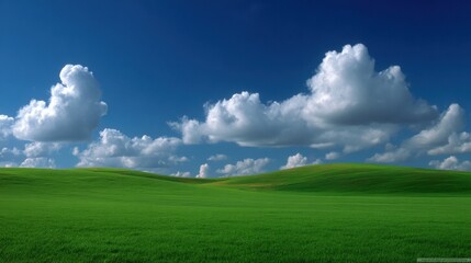 Fototapeta premium Lush Green Hills with Bright Blue Sky and Fluffy White Clouds in Daylight