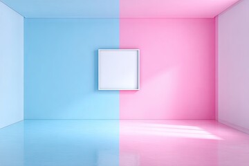 A vibrant interior scene showcases a room divided by contrasting pastel hues of pink and light blue, featuring a blank white frame.