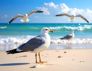 Seagull on a sandy beach with waves in the background