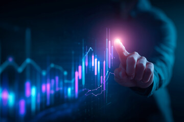 Businessman touching a holographic financial chart, concept of investment, digital technology, and data analysis. Person trades cryptocurrency. Created with generative AI