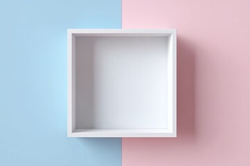 A minimalist white square frame, set against a vibrant pastel blue and pink backdrop, highlights the emptiness of a display.