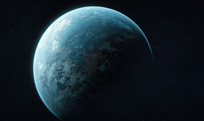 Realistic blue planet floating in deep black space. Earth like exoplanet on black background. Planet Earth in deep space. Created with generative AI
