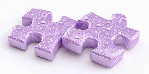 Two purple puzzle pieces, wet with water droplets, rest on a white surface
