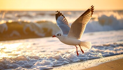Seagull taking flight at sunrise