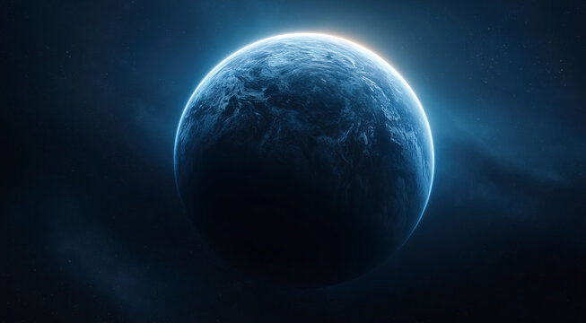 Single realistic blue planet floating in deep black space. Planet Earth in deep space. Created with generative AI