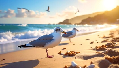 Seagulls on a golden beach at sunset