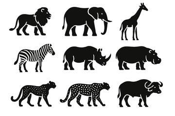 Fototapeta premium Wild animals silhouette icon set. featuring lion, elephant, giraffe, zebra, rhino, hippo, cheetah, leopard, buffalo
