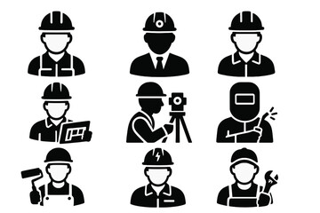Obraz premium Construction workers silhouette icon set. featuring engineer, surveyor, painter, architect, electrician, and welder symbols