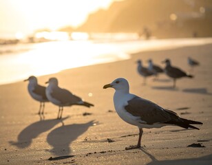 Seagulls on a golden beach sunset