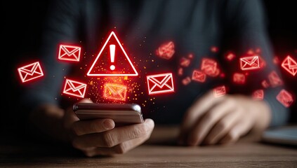 A hand holds a smartphone with red email icons and a warning triangle.  Email alerts, notification, danger, caution