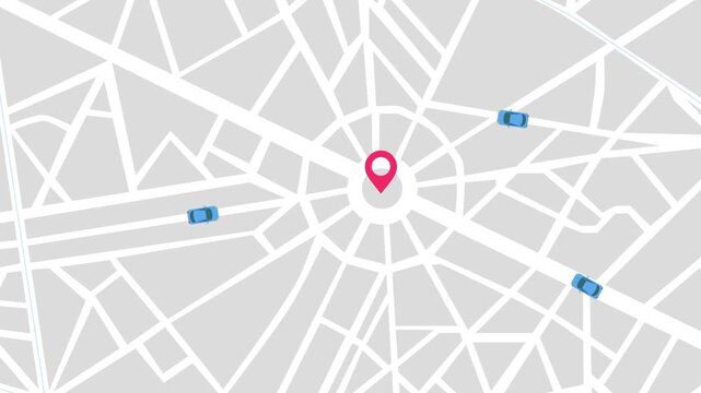 Animated city map with pulsing red pinpoint in the center roundabout, while small blue cars move dynamically along white streets, symbolizing navigation, ridesharing, and urban mobility