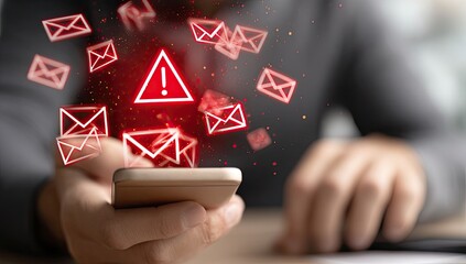 A hand holding a phone with many red email symbols and a warning triangle