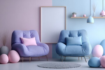 A minimalist living room scene showcasing two comfortable armchairs in pastel purple and blue, accented by pink decorative spheres, a light wooden shelf, and a blank frame, evoking a serene and...