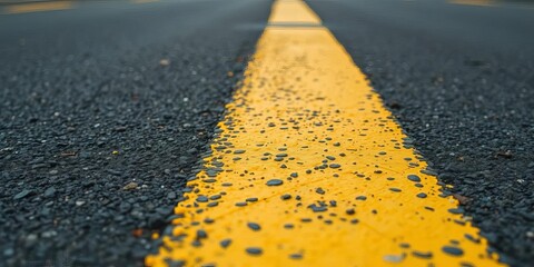 Close-up view of faded yellow lines on asphalt street, driving, weathered