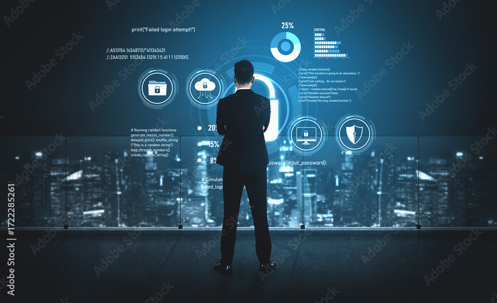 Poster cyber security protects against breaches, hacks, and network attacks using strong infrastructure and