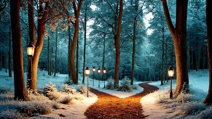 Journey through a magical, snow-covered forest path illuminated by warm antique lanterns, inviting exploration and wonder.