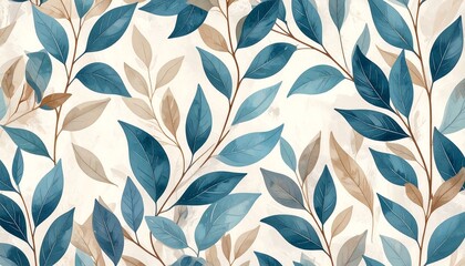 Seamless floral pattern with teal and beige leaves on a light beige background