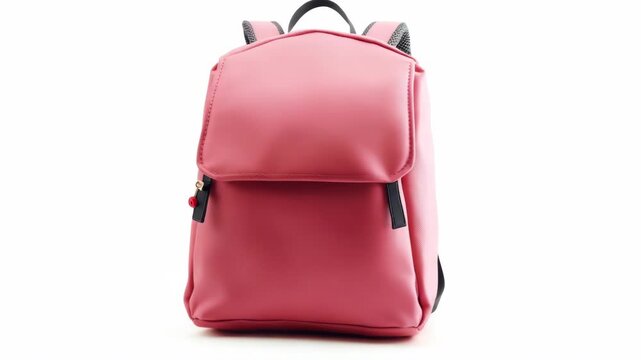 A pink backpack with a black strap is sitting on a white background. The strap is attached to the backpack, and it is visible on both sides of the backpack. The backpack is the main focus of the