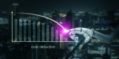 Robotic hand using artificial intelligence to reduce costs on futuristic digital graph, symbolizing automation, innovation, and smart technology for financial savings in modern business.