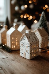 A charming display of miniature, decorative houses, adorned with polka dots, and illuminated from within, sits on a wooden surface, creating a festive Christmas scene.