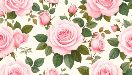 Seamless pattern of pastel pink roses and leaves on a cream background