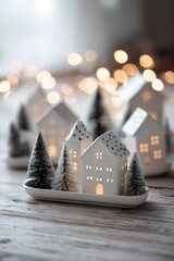 A charming winter village scene featuring miniature white houses with warm light, nestled among decorative Christmas trees on a tray.