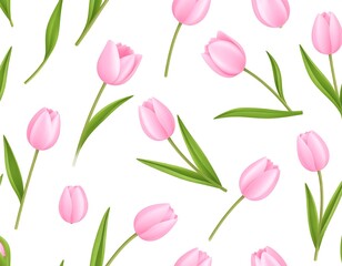 Seamless pattern of pink tulips on white background