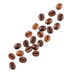 Naklejka premium Scattered roasted coffee beans isolated on transparent background, perfect for a coffee break or a morning pickmeup concept